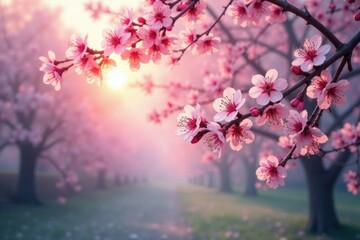 Fototapeta premium Soft pink light filters through cherry tree branches, cherry tree branches, serene landscape, gentle hues