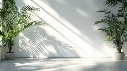 Simple white wall with palm leaf shadows, ideal for product displays