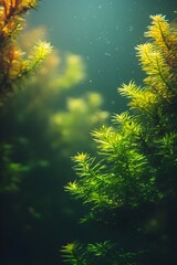Fototapeta premium The background is a dark green, close-up of lush, small trees growing on the water's surface in an aquarium. The trees have short, fine leaves and richly colored light yellow to deep emerald 
