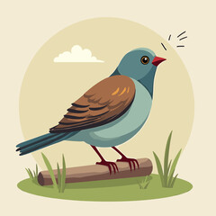 Fototapeta premium Singing bird perched on branch with grass background