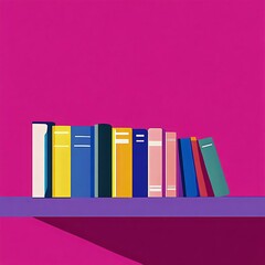 A vibrant book shelf illustration with brightly colored books against a bold pink background, adding a pop of color to any space.