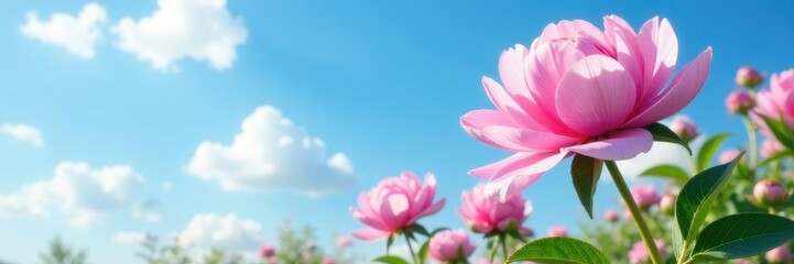 Soft pink peonies against a brilliant blue sky with fluffy white clouds, blue sky, garden, spring