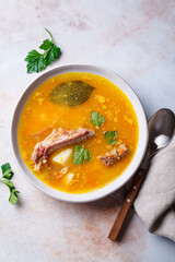 Split pea soup with smoked ribs.