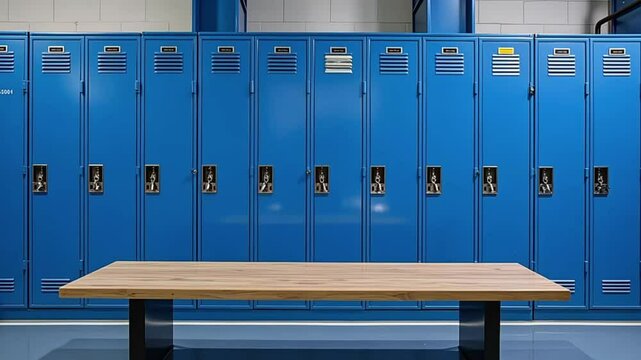 Blue metal storage lockers with an accompanying wooden bench are situated in a locker area