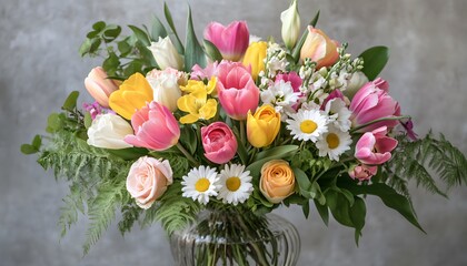 Vibrant Spring Bouquet of Tulips Roses and Daisies