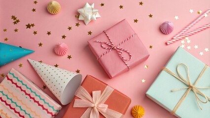 Pink background with beautifully wrapped gift boxes placed among various colored objects, decorative items, gift boxes