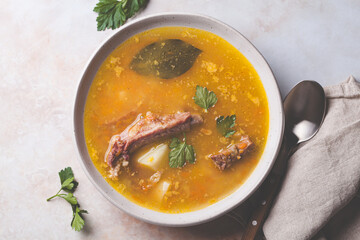 Split pea soup with smoked ribs.