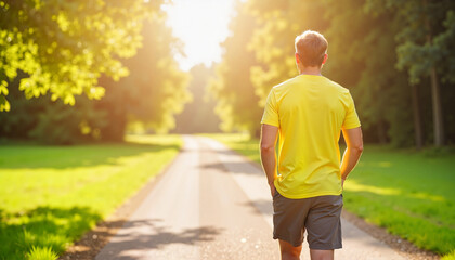 Obraz premium Joyful man walking on sunny rural path, embracing nature
