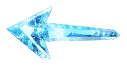 Shiny light blue crystal arrow pointing right on transparent background