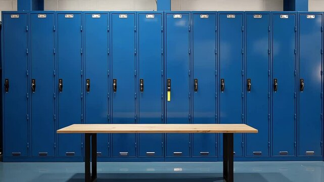 Blue metal storage lockers with an accompanying wooden bench are situated in a locker area