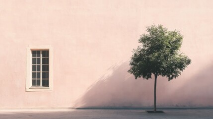 Pink wall, single tree, window, shadow, urban minimalism, design backdrop