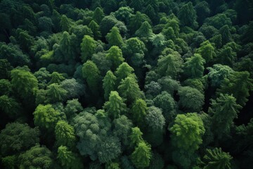 Fototapeta premium Aerial Top View of Lush Green Forest with Vibrant Canopy Covering in Dense Woodlands Surrounded by Nature's Beauty and Serenity