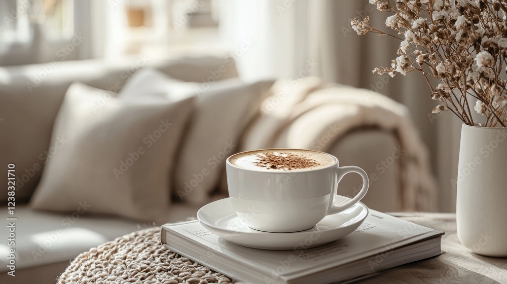 Poster a steaming cup of coffee rests on a stylish table adorned with a textured placemat. natural light st