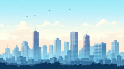Fototapeta premium Cityscape sunrise, birds flying, hazy skyline, urban background, website banner