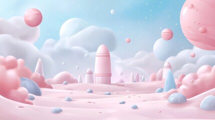 Whimsical pink castle in a dreamy cloudscape, cartoon illustration of fairytale fantasy