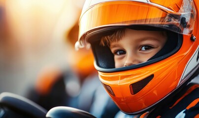 Close-Up of Smiling Child in Orange Racing Helmet
