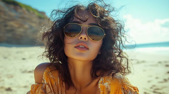 Stylish woman with curly hair wearing sunglasses on a sunny beach, exuding summer vibes and confidence.
