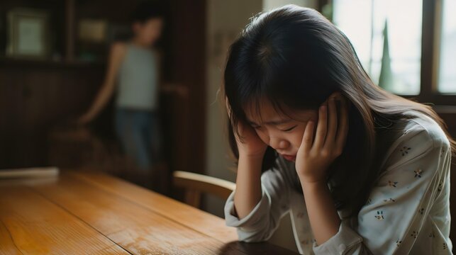 A young woman is distressed, holding her head in despair while a shadowy figure stands in the background. Represents sadness and emotional struggle.