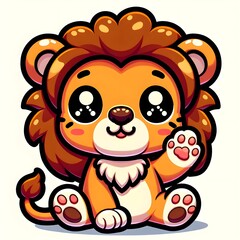 Obraz premium Chibi Style Lion Cub With Big Eyes And Waving Paw, Sitting With Orange