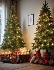 Spruce tree in living room with stockings and garland, natural elements, cozy cabin ambiance, garland