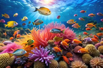 Obraz premium School of fish swimming in the coral reef with colorful sea anemones and seaweed, anemone, sea creatures