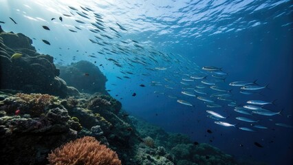 School of small fish swimming in the dark blue ocean surface, aquatic life, fish behavior