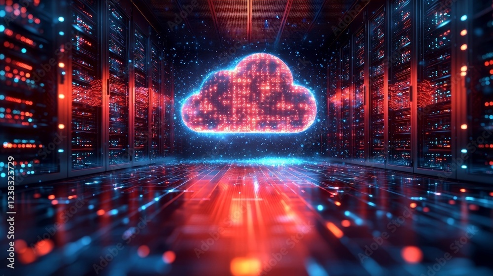 Poster vibrant server farm transitioning into glowing cloud dynamic lighting and cloud computing concept