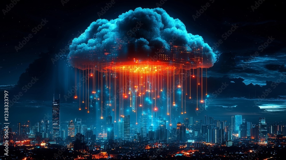 Poster futuristic cloud server hub floating above cityscape with streams of data light beams connecting to 