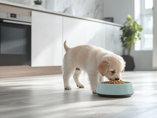 Small white dog eating food from a bowl in a domestic setting