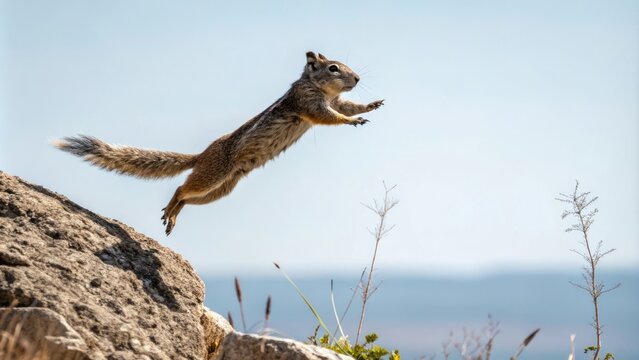 Squirrel leaping through the air with outstretched arms, aerial stunts, animal leaps, arboreal mammals, flying squirrels