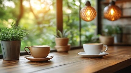 Two Coffee Cups Resting On Wooden Table Near Window