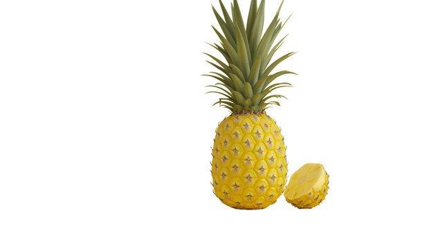 Ripe pineapple with slice showing its fresh yellow flesh on transparent background