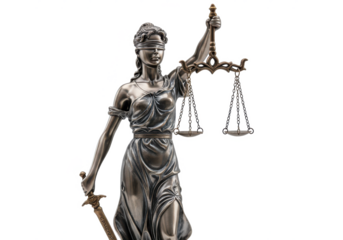 A metallic Lady Justice statue holding scales, isolated on white background