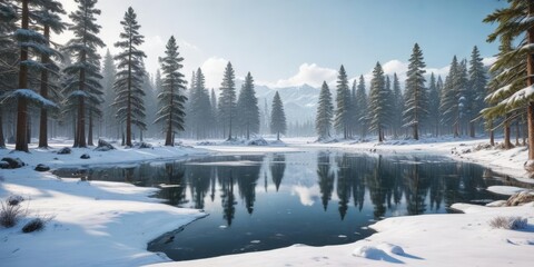 Snow-covered landscape with frozen lakes and pine trees , frozen lakes, frosty atmosphere