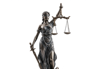A metallic Lady Justice statue holding scales, isolated on white background