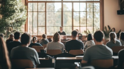 Students attend lecture, classroom, window view, nature
