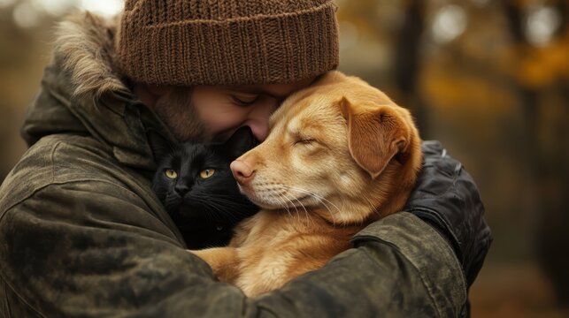 Man hugging cat and dog. Autumn background. Love and care for pets.