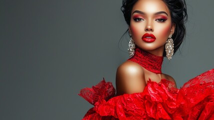 A stunning model poses confidently in a vibrant red dress that flows gracefully around her. Her bold red lips and vibrant eye makeup enhance her captivating beauty in a stylish studio