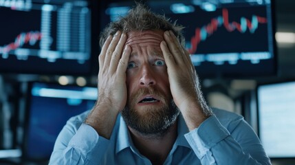 Deflation impacts. A stressed man in an office, holding his head, surrounded by financial charts and screens.