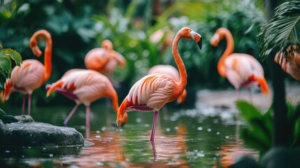 Fototapeta premium A serene nature shot of flamingos resting on one leg in a peaceful wildlife sanctuary.
