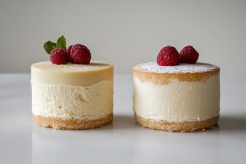 Deliciously crafted cheesecake desserts with raspberry topping and mint garnish on a plain background