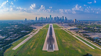 Approaching Dallas Fort Worth Airport on a sunny summer morning, a panoramic view from above reveals a bustling metropolis surrounded by lush greenery and gleaming skyscrapers