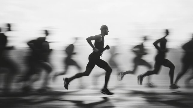 A runner leads a pack in a blurred motion race.
