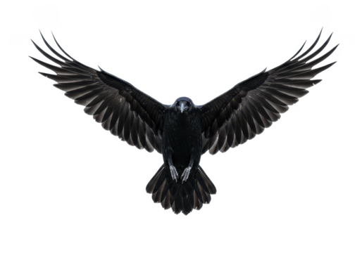 A black raven with wings fully spread, captured mid-flight, isolated on white background