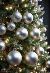 Sparkling silver ornaments on a decorated Christmas tree with frosted glass balls and glittering garlands, holiday decor, festive, sparkling ornaments