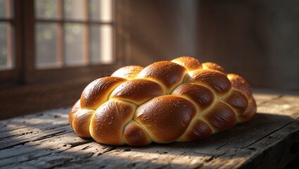 Freshly baked braided challah bread on rustic wooden table by a window