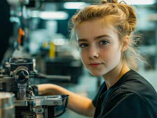 Young woman focused on intricate machinery, showcasing determination and skill in a technical environment.