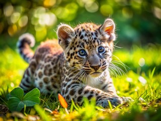 Obraz premium Adorable Baby Leopard Cub Playing in Lush Green Grass - Wildlife Stock Photo
