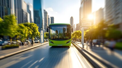 Obraz premium Eco Friendly Electric Buses and Sustainable Urban Transportation in a Futuristic Cityscape