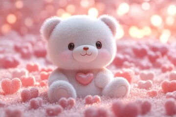 Fototapeta premium Adorable Fluffy Teddy Bear Sits Amidst Pink Hearts, Bathed In Soft Light.
